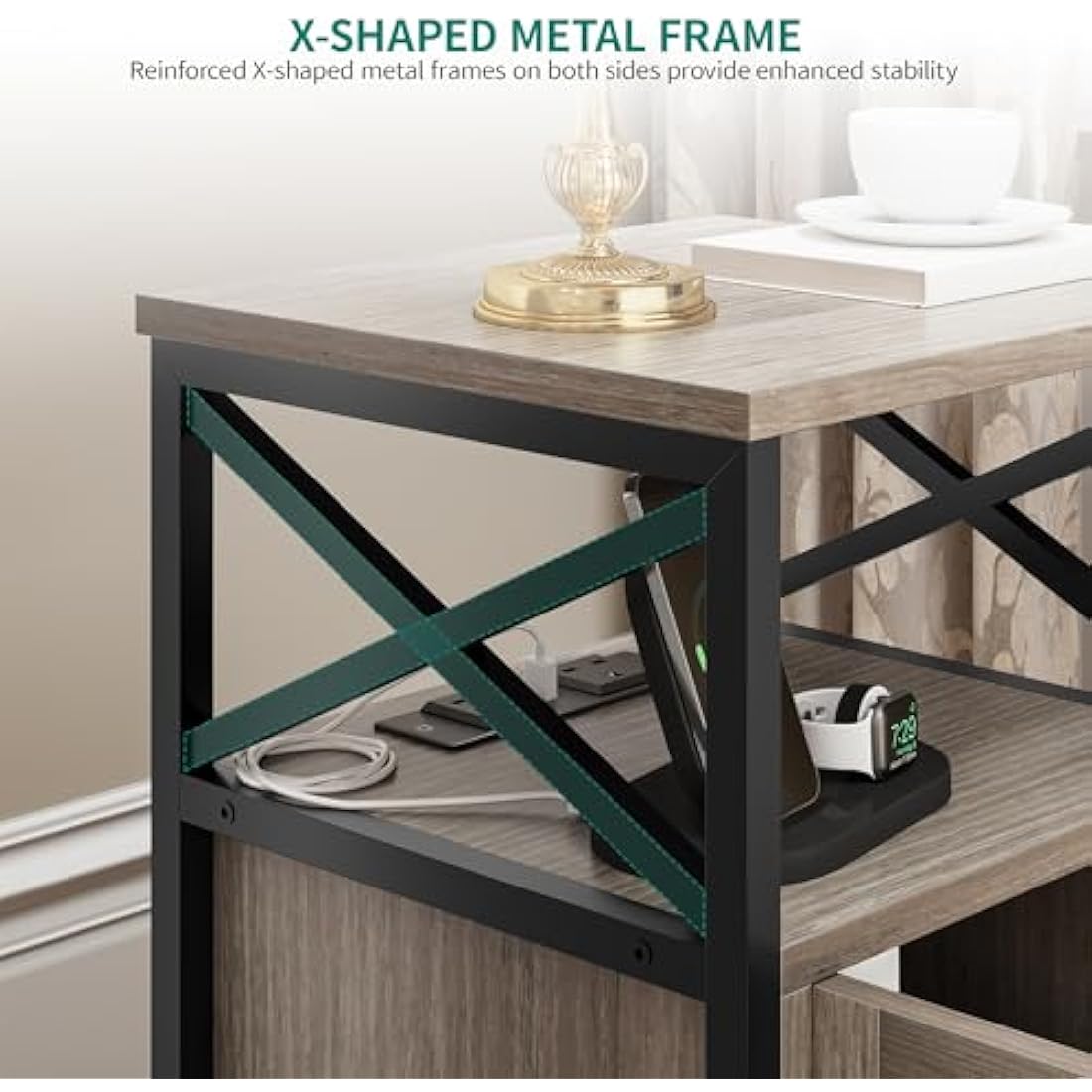 YITAHOME Side Table, Bedside Table with Storage Cabinet, X-Shaped Sofa End Table with Charging Station, 2 USB Ports & Power Outlets, Living Room Coffee Table, Metal Frame, Bedroom, Grey, 40x35x60cm