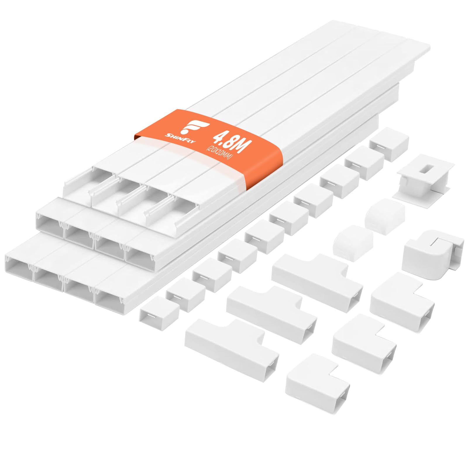 shinfly 4.8m Cable Trunking, Trunking for Electric Cables, White Trunking for Hiding Cables, Cable Cover, Self Adhesive Trunking for Wall, TV - White