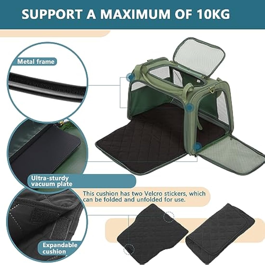 Petsfit Dog Carrier Soft Sided Travel Carrier, Large Pet Carriers with Quadrangle Oxford Fabric and Ventilation Mesh，Portable Dog Bag with Expandable mat and Upgraded Large Space, Olive Green