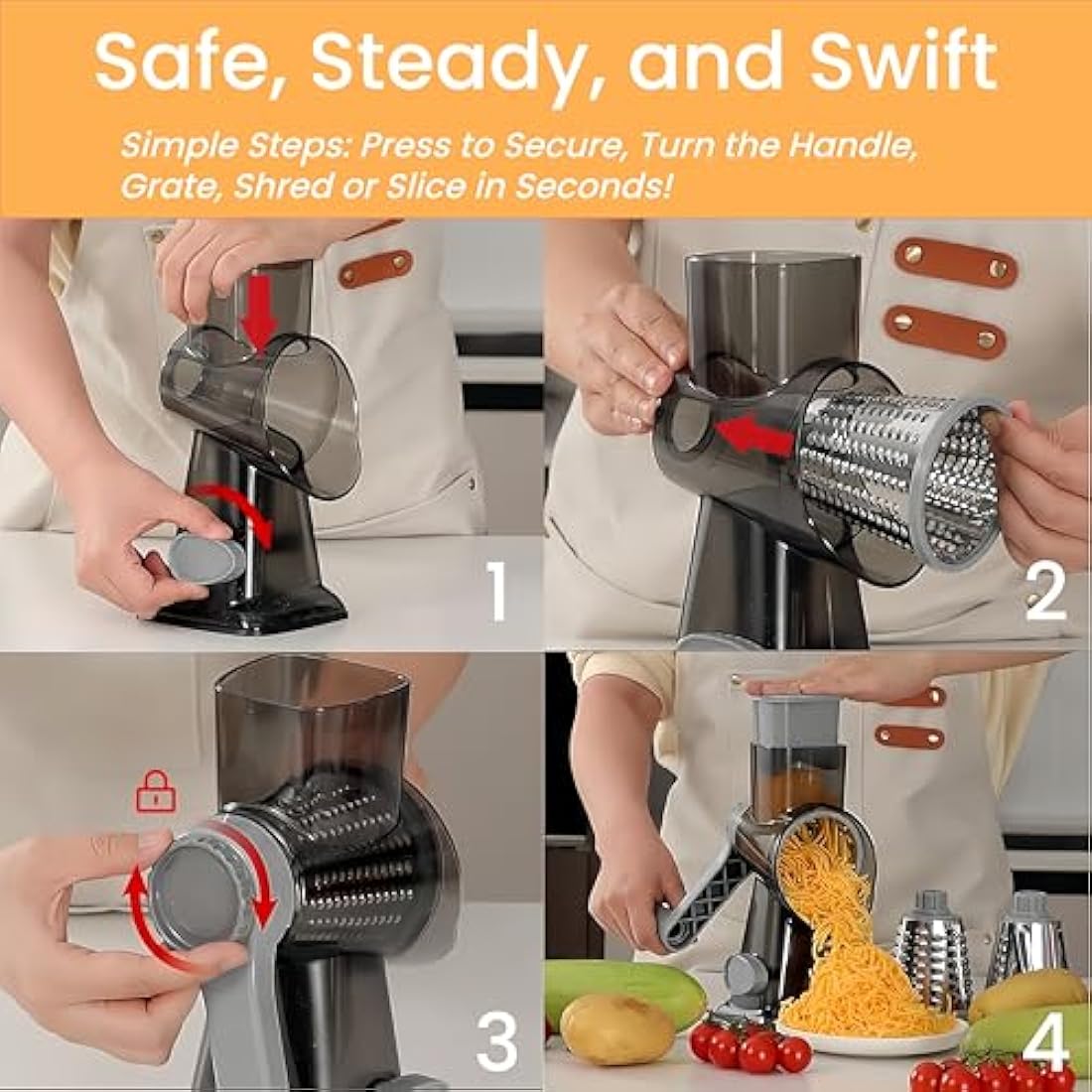 LacusMare Rotary Cheese Grater with 3 Blades for Slicing, Coarse Grating & Fine Shredding, Graters for Kitchen with Stable Suction Base, Vegetable Slicer for Cucumber, Carrot, Potato, Nuts (Gray)