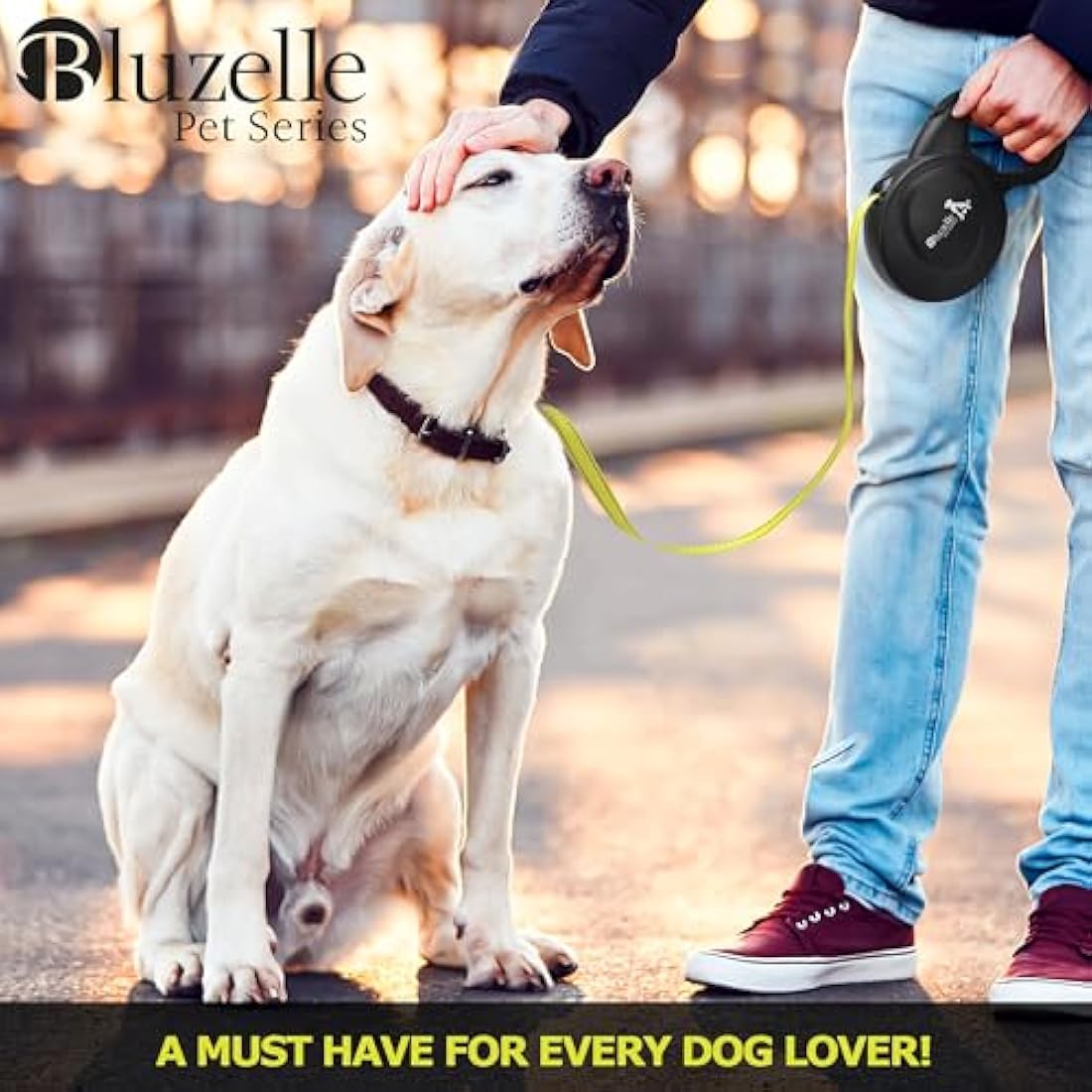 bluzelle 8m / 26ft Retractable Leash for Dogs up to 50kg / 110lbs, Bright Neon Yellow Reflector Nylon Belt with 360° Snap Hook Metal, Reliable Braking One-Hand Ergonomic Rubberized Handle, Black