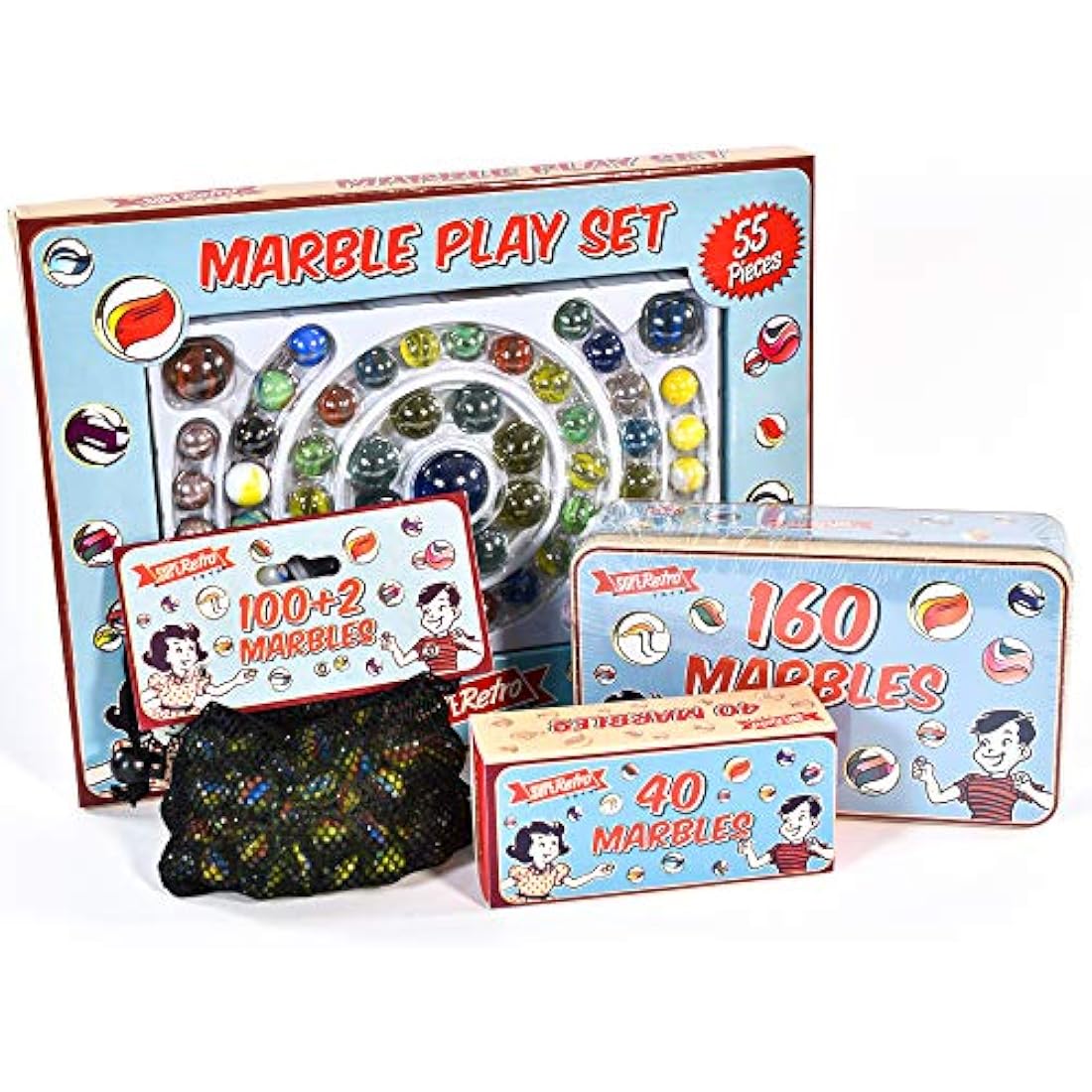 KandyToys SupeRetro 160 Piece Classic Glass Marbles in a Vintage Storage Display Tin | Novelty Kids Toys | Marbles For Kids