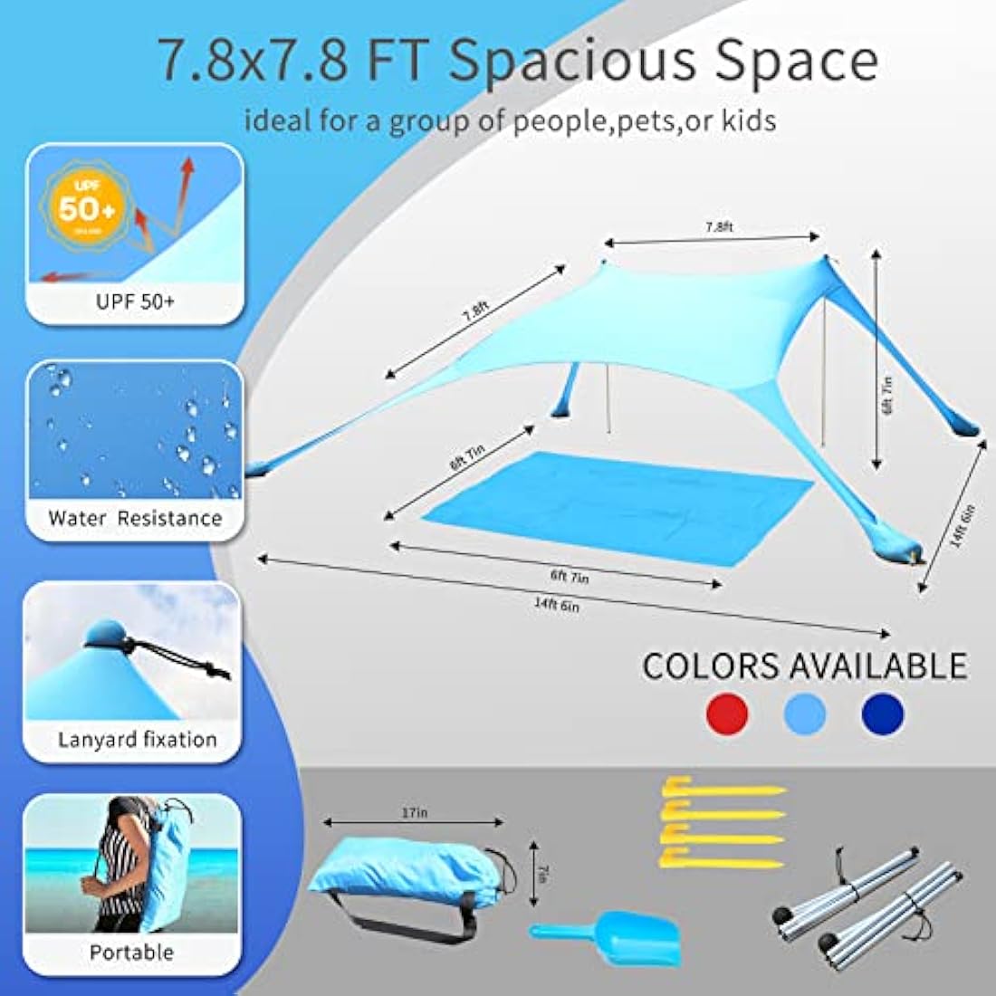 CUUPO 7×7 FT Beach Tent Sun Shelter UPF50+ UV Protection, Outdoor Small Canopy Tent Sun Shade with 2 Poles for Camping, Beach, Fishing, Backyard and Picnics Blue