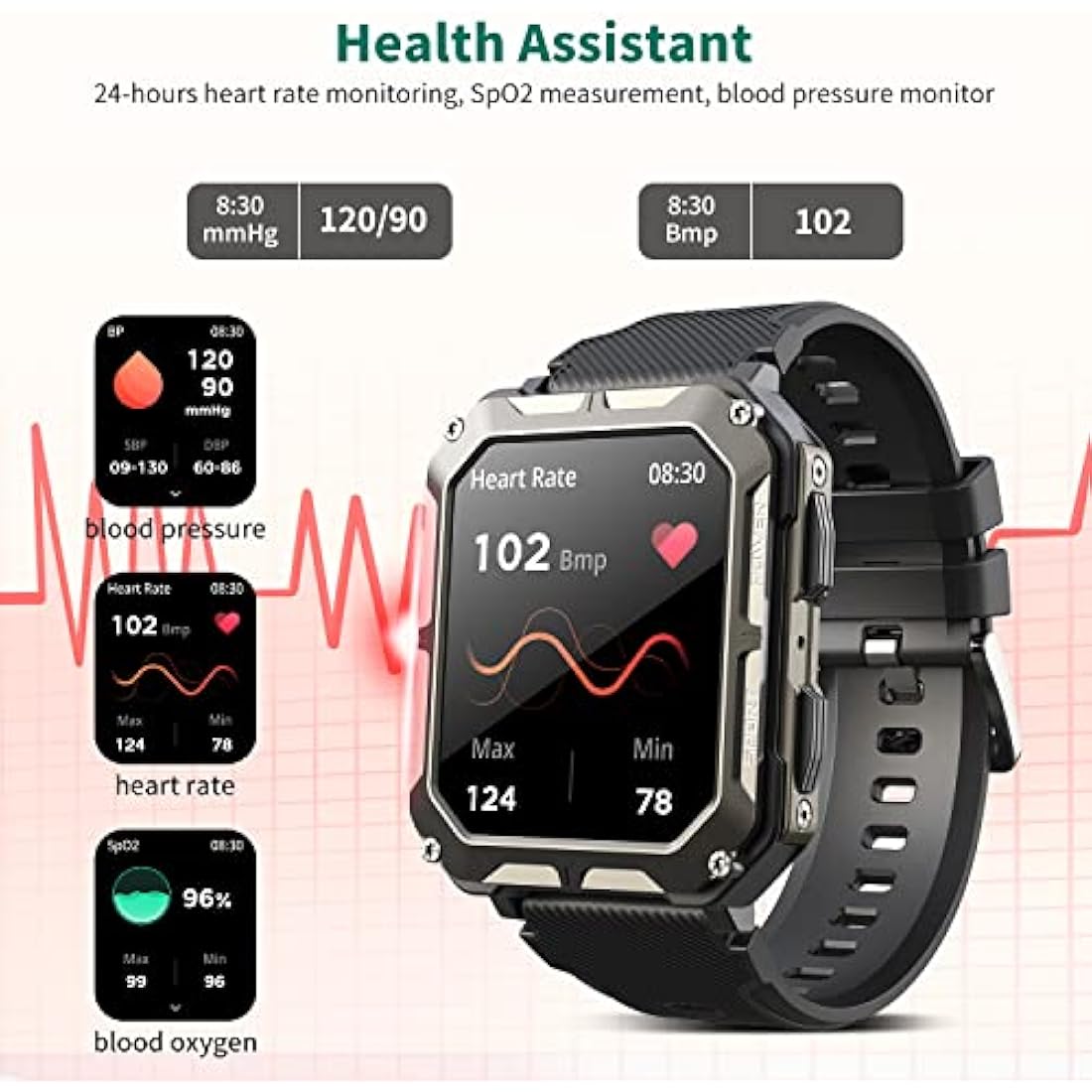 Smart watch military for men with call dials that can make calls and answer calls compatible for iOS Android, Fitness Activity tracker with IP68 Waterproof Ai voice, with 123 Sports Modes