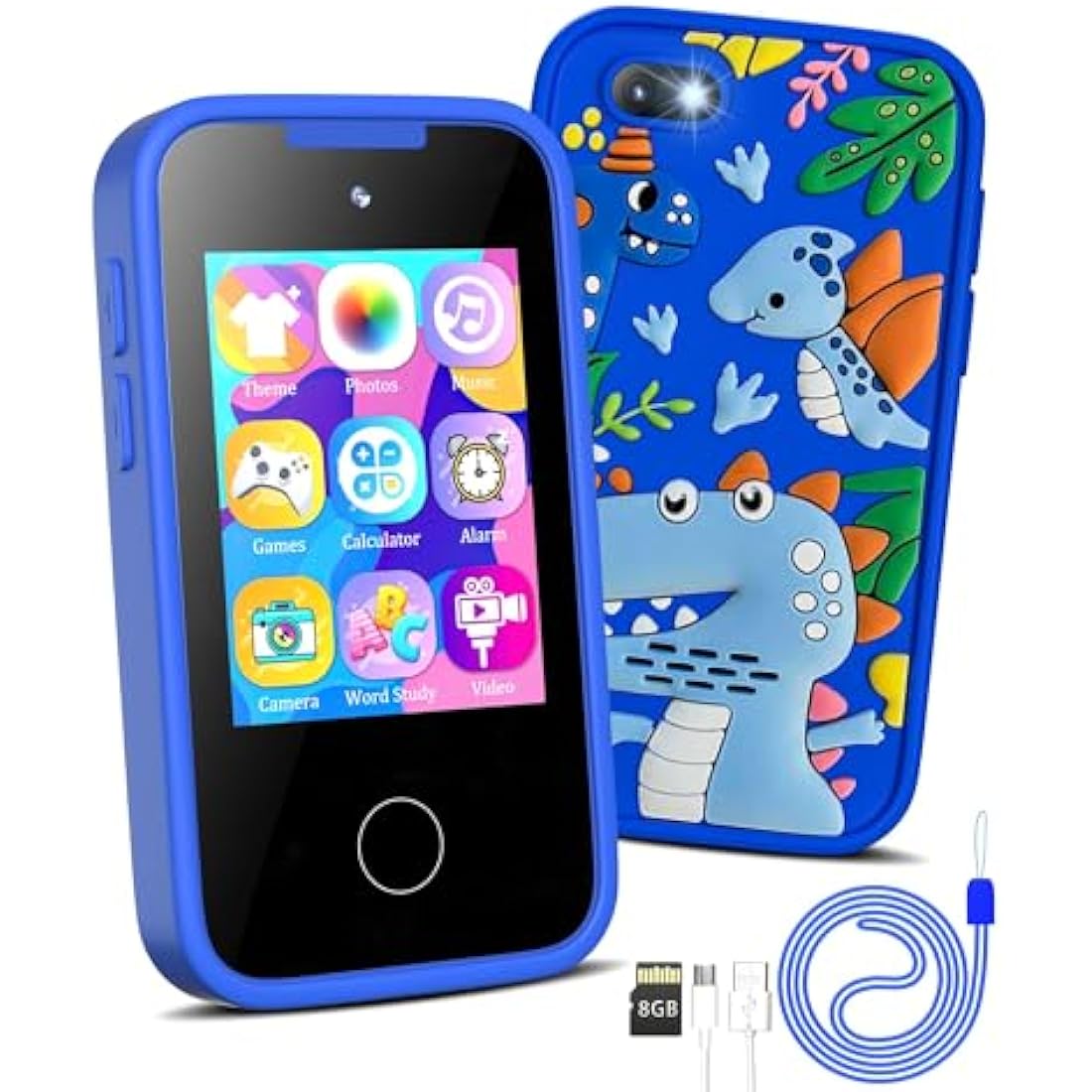 KAKTIN Kids Phone for Boys,Christmas Birthday Dinosaur Gifts for 3 4 5 6 7 8 years old Children,Touchscreen Learning Toys for girls age 3-11 with Dual Camera 8G SD Card (Dinosaur Blue)