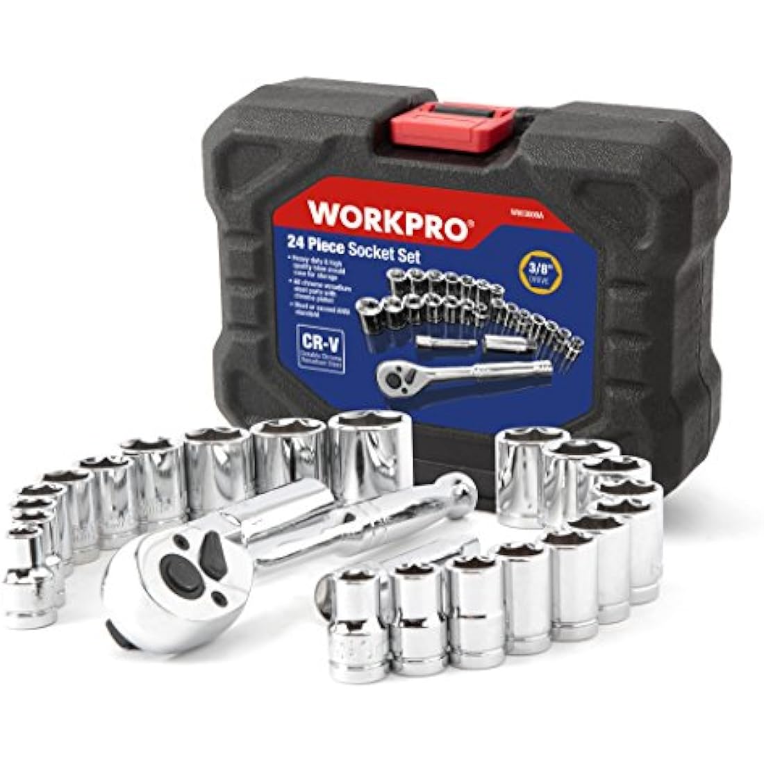 WORKPRO 24PC Socket Set 3/8" Ratchet Drive Sockets Wrench, 11pc Metric & 10pc SAE Sockets, Extension Bar Spark Plug Rachet Set Spanners with Blow Molded Case