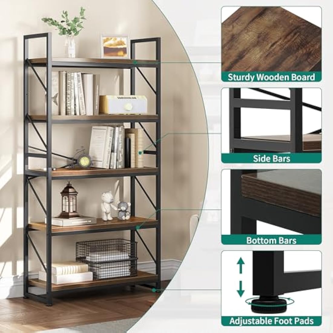 YITAHOME Bookcase 5 Tiers, Industrial Book Shelf Large Floorstanding Book case Wooden Shelf and Metal Frame Shelving Unit Display Storage Rack for Living Room, Home Office, Rustic Brown Bookshelf