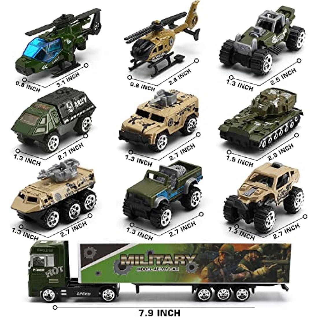 Military Carrier Truck (26 in 1) with Soldier Men playset, Mini Die-cast Battle Car in Transport Truck, Army Toy Double Side Vehicle for Kid Children Girl Boy Play Birthday Party Gift