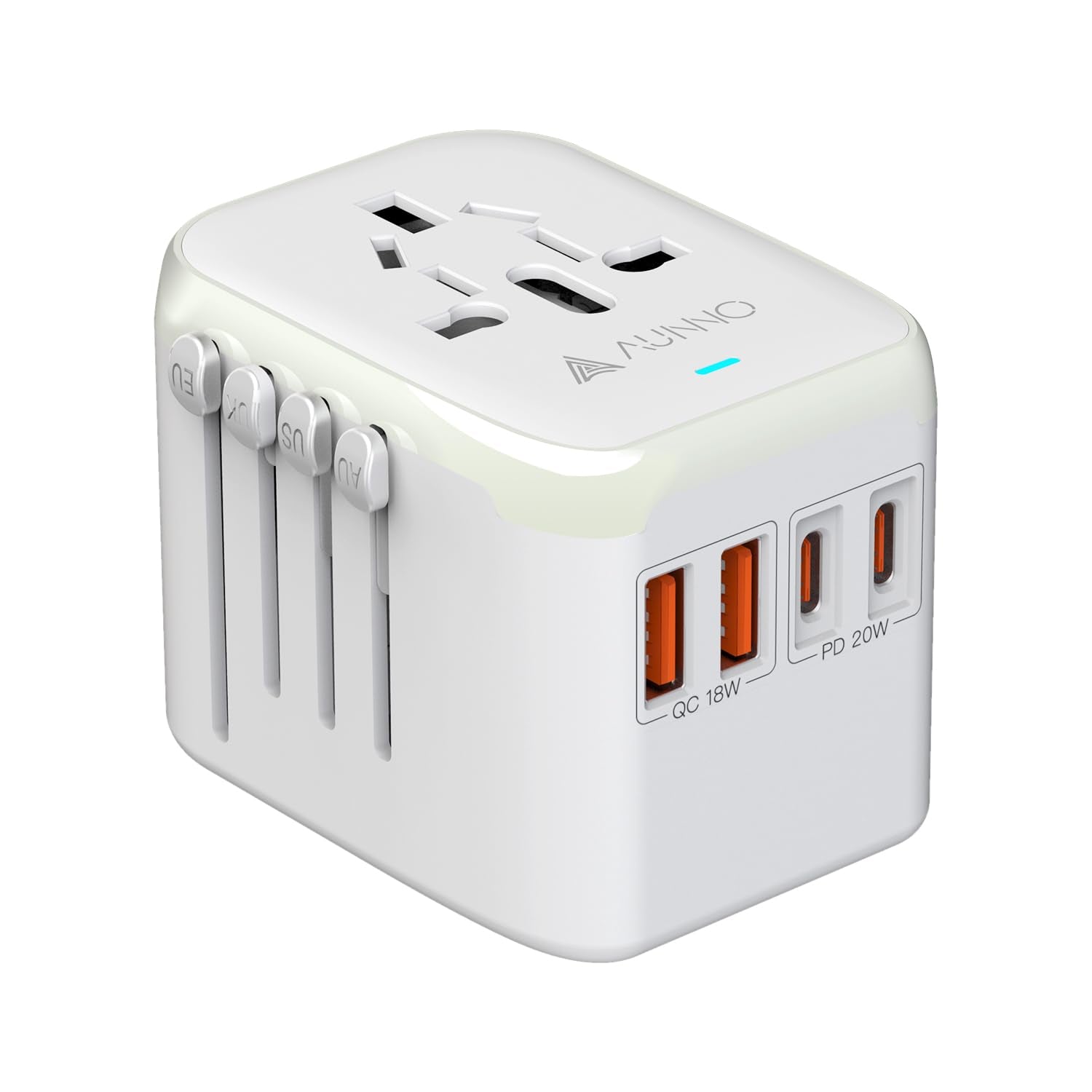 AUNNO Universal Travel Adapter, PD 20W Fast Charging Plug Adapter with 2 USB-C and 2 USB-A Ports, All in One Travel Adapter for Europe, UK, US,