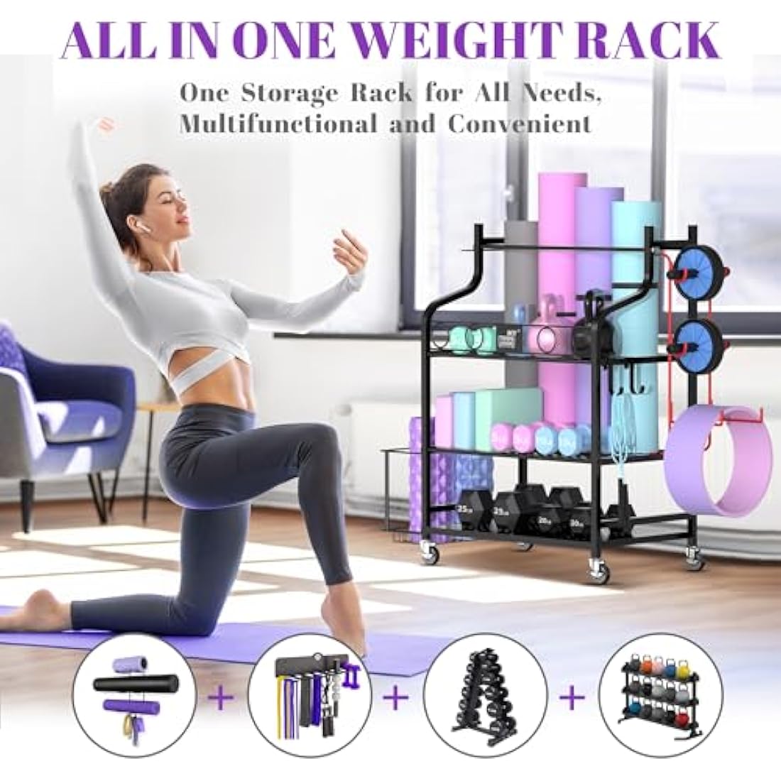 Mythinglogic Dumbbell rack-Yoga Mat weight rack-Home Gym Storage Rack for Dumbbells Kettlebells, Foam Roller, Yoga Strap, Resistance Bands - Workout Equipment Storage Organizer with Hooks and Wheels