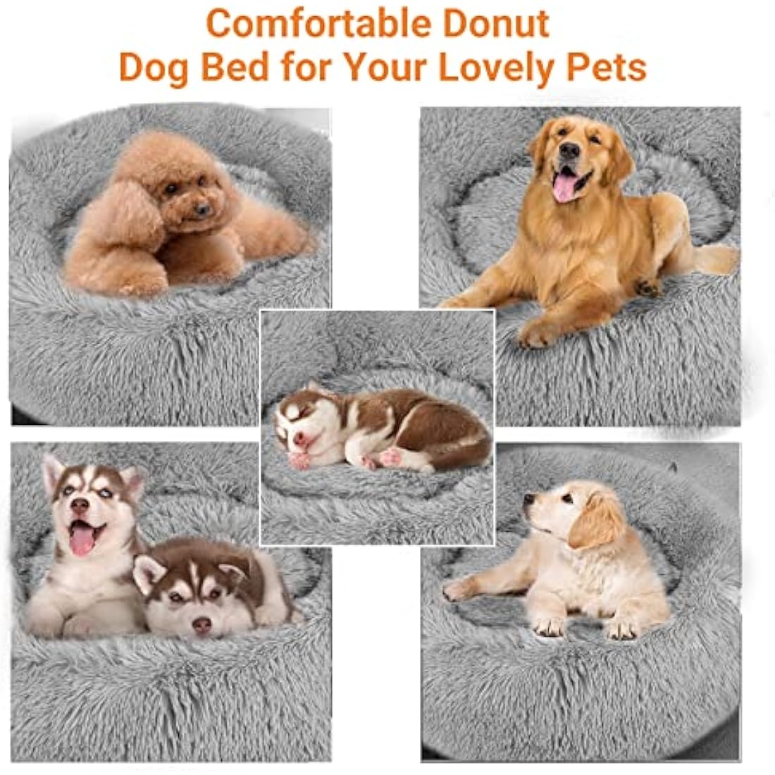 OKPOW Donut Dog Bed Extra Large Washable - 80cm Anti Anxiety Calming Cosy Fluffy Plush Puppy Kitten Round Super Soft Snuggle Pet Cat Beds for Indoor Cats Light Grey