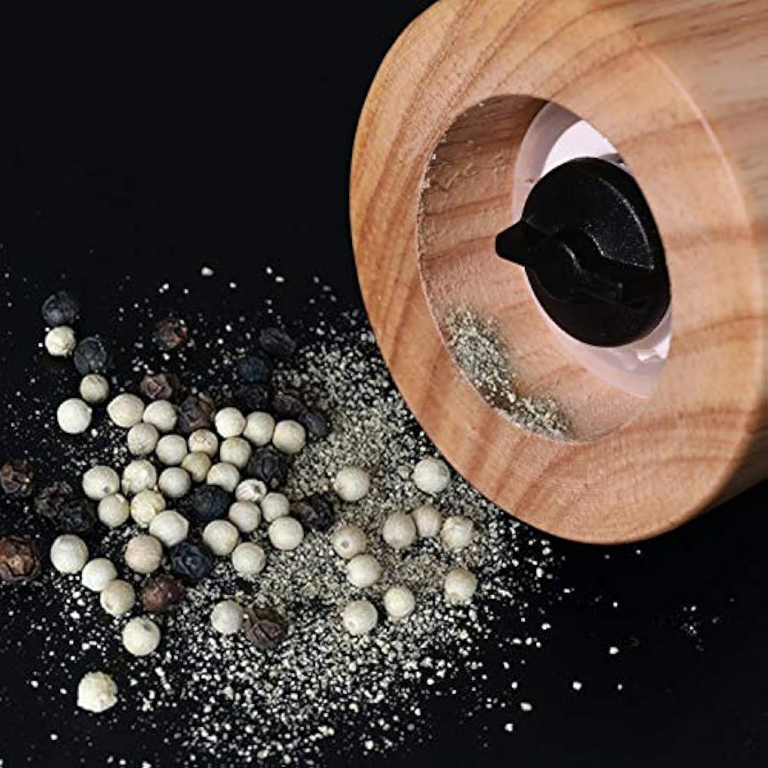 HAIPUSEN Salt and Pepper Mill Set - Wood and Ceramic Pepper Grinder Spice Mill with Adjustable Coarseness, 17.5 cm (with Tray)