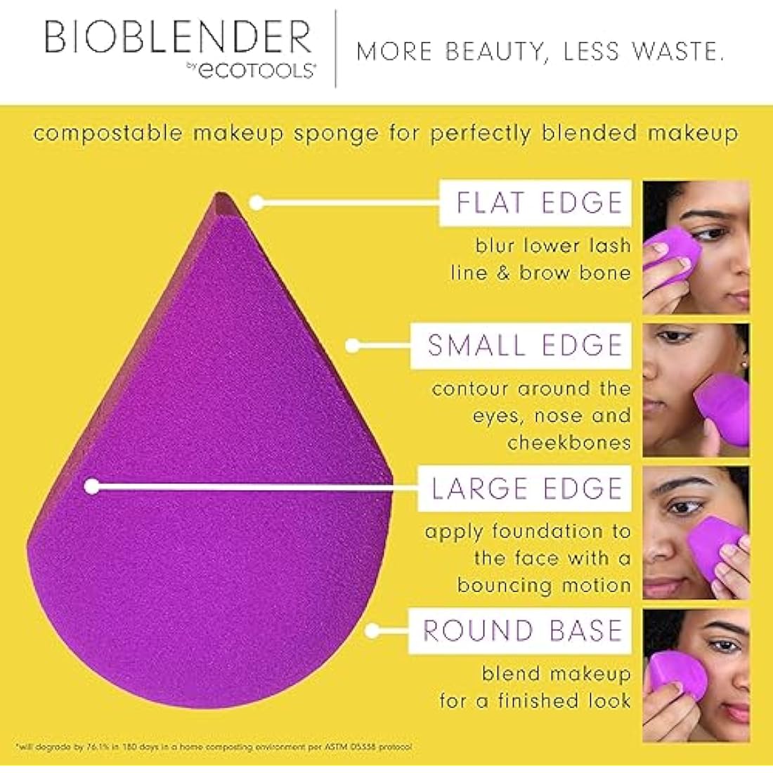 EcoTools Bioblender Makeup Sponge, Compostable Makeup Blending Sponge, Eco-Friendly, For Liquid & Cream Foundation, Base Makeup Coverage, Cruelty Free, Latex Free & Vegan, Purple, 1 Count