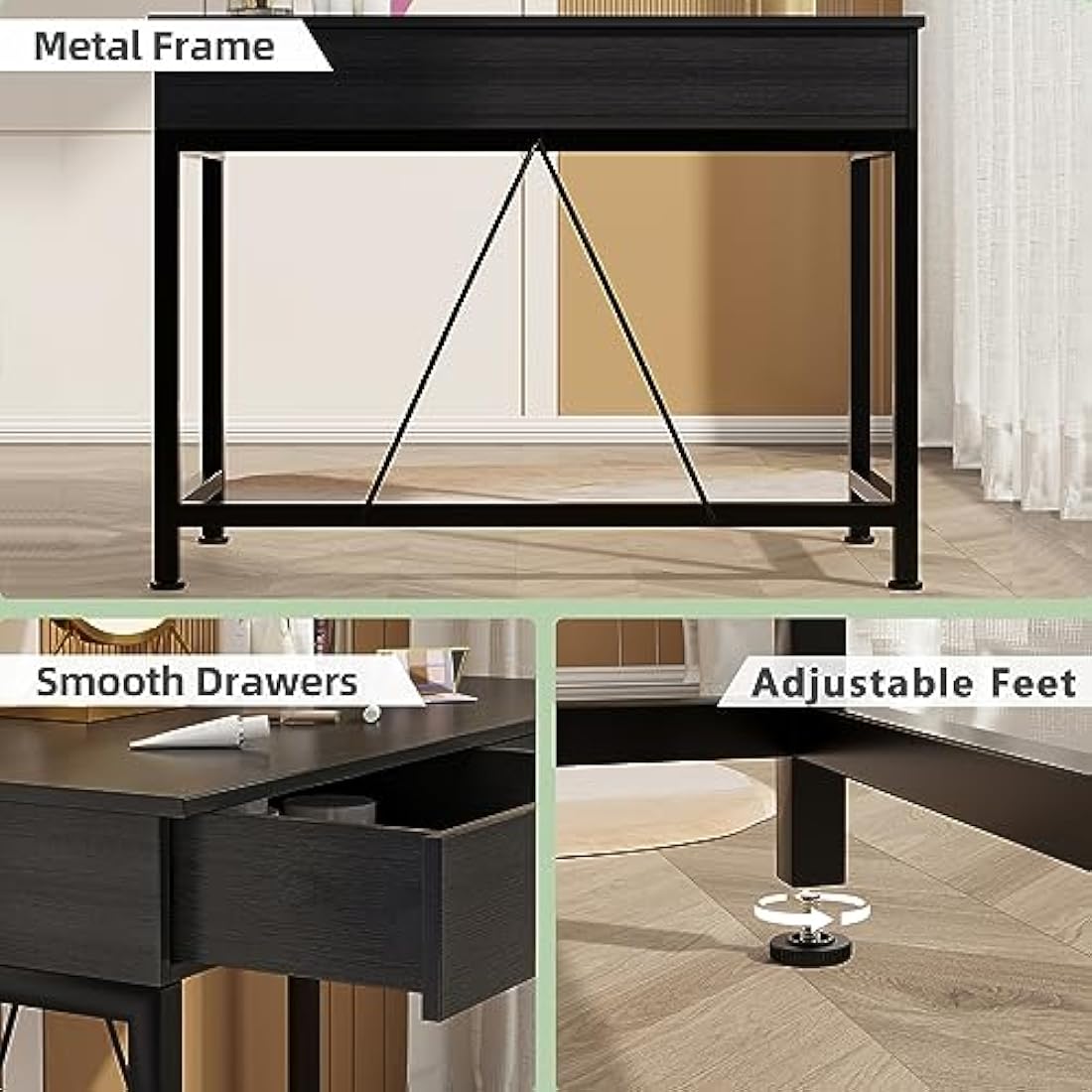 CAIYUN Computer Desk with Drawers, Dressing Table, Vanity Desk, Make Up Desks, Home Office Desks with Storage, Study Tables for Small Space, Laptop Table Made of Wood and Metal, 39.4", Black