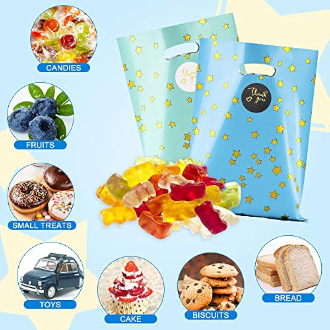 BOENFU 60 Pcs Party Gift Bags With Thank You Stickers - 6 Colors Starry Goodie Favor Treat Bags With Handle for Christmas, Halloween, Birthday, Wedding