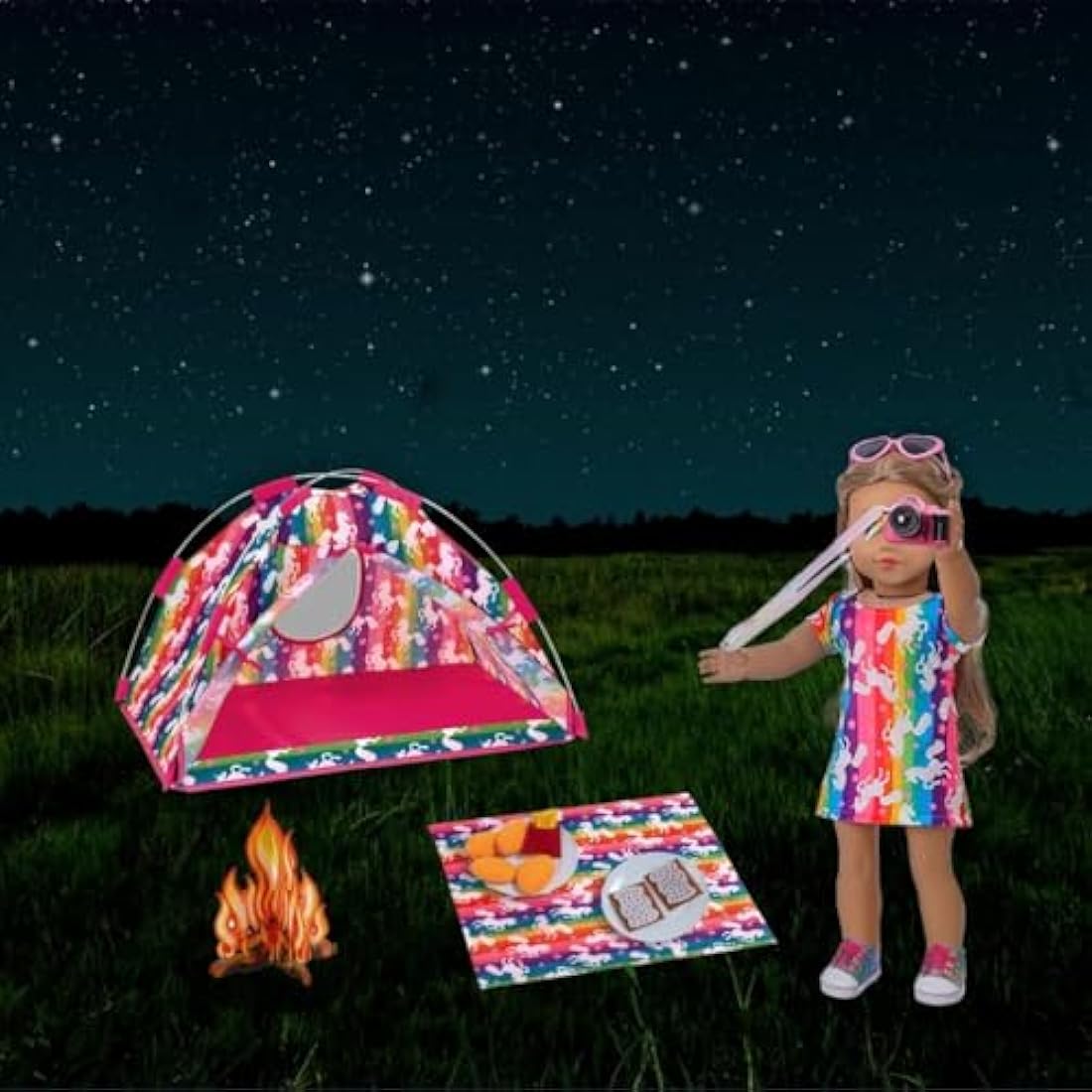 ZITA ELEMENT Unicorn Doll Camping Tent Set for 18 Inch Girl Doll Accessories Including 18 Inch Doll Tent Placemat Doll Clothes Chocolate Cookies Chicken Nuggets Paper Campfire eyeglasses