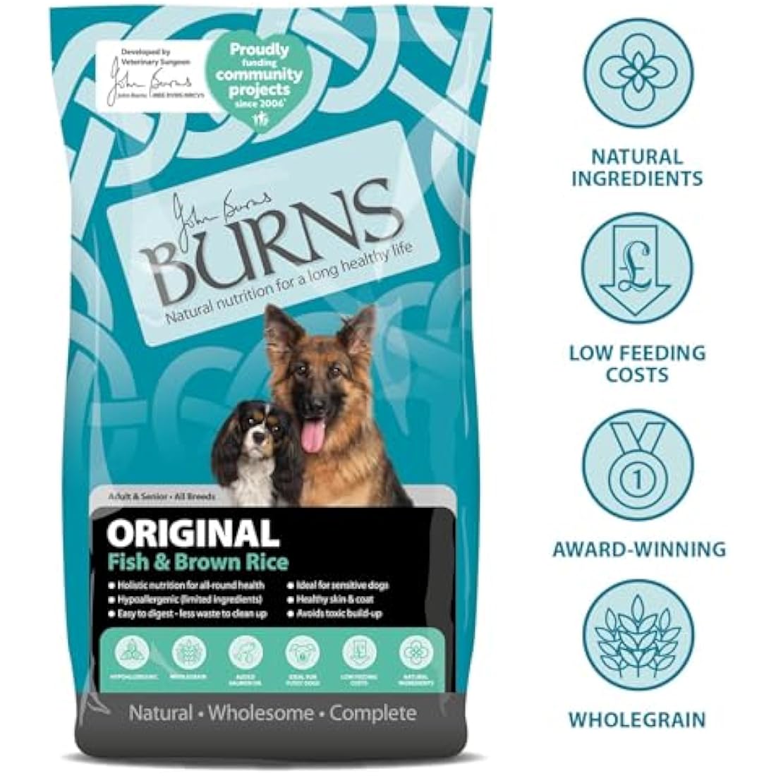 Burns Pet Nutrition Hypoallergenic Complete Dry Dog Food Adult and Senior Dog Original Fish and Brown Rice 2 kg