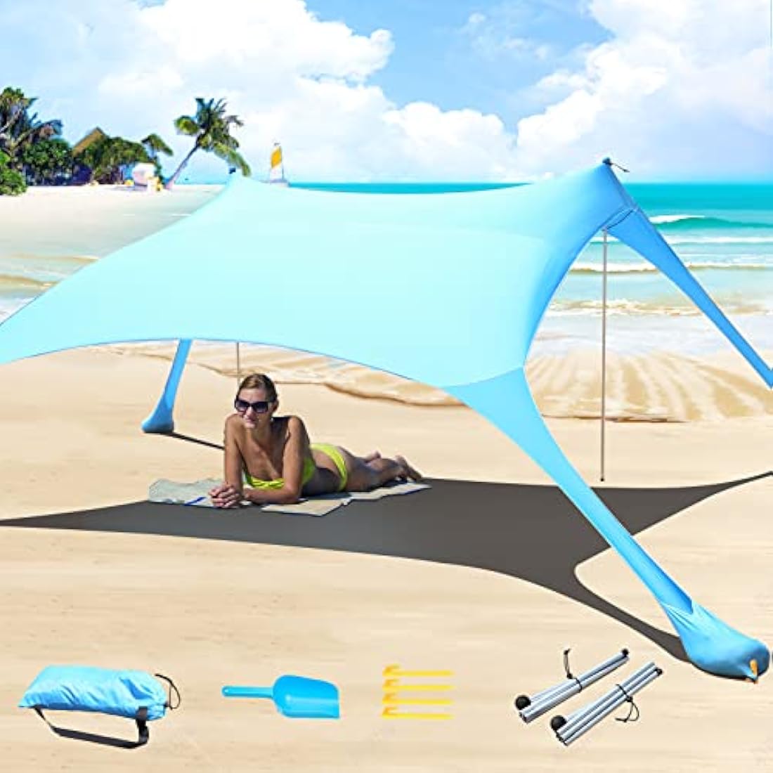 CUUPO 7×7 FT Beach Tent Sun Shelter UPF50+ UV Protection, Outdoor Small Canopy Tent Sun Shade with 2 Poles for Camping, Beach, Fishing, Backyard and Picnics Blue