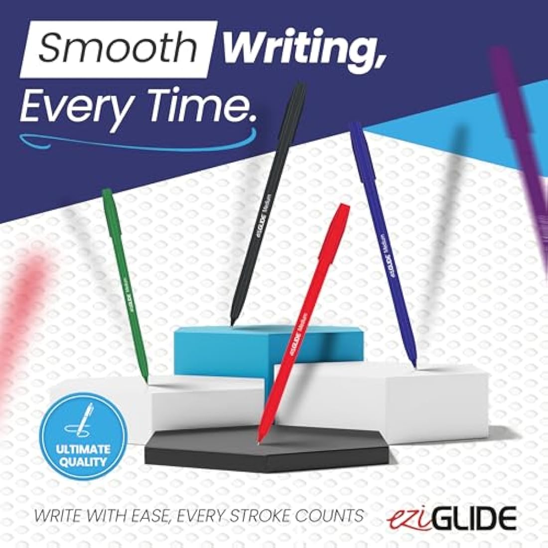 Eziglide Ballpoint Pen Set, 50-Pack Blue – Easy Grip Writing Pens with Medium Point (1.0mm) for Ultra-Smooth, Skip-Free Writing – Ideal for Office, Work, Exams, School & Stationery Use