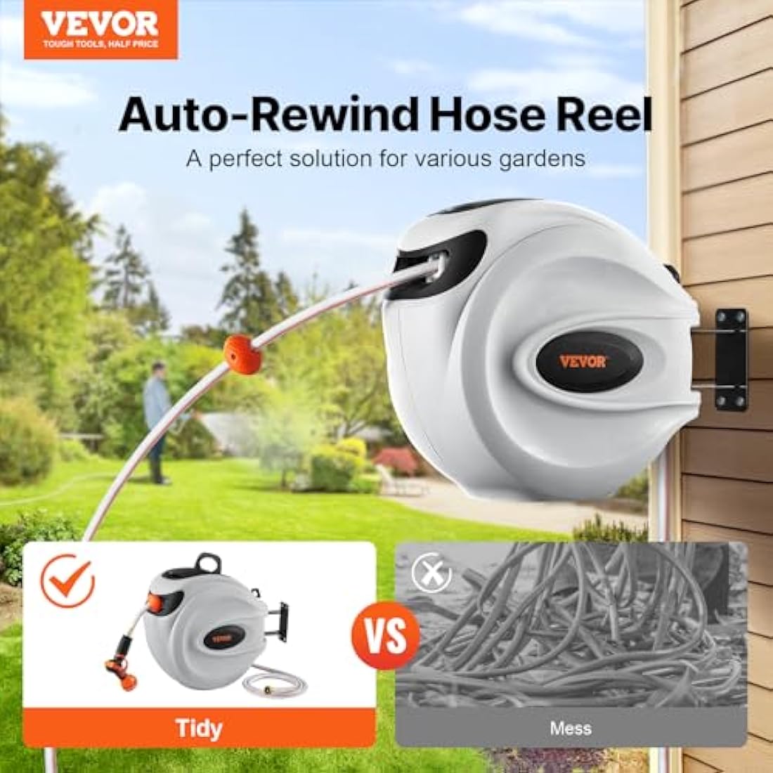 VEVOR Retractable Garden Hose Reel, 1/2" x 131.23 ft Wall Mounted Hose Reel, Heavy Duty Garden with 9 Patterns Nozzle, Any Length Lock, Auto-Rewind Slow Return System and 180°Swivel Bracket