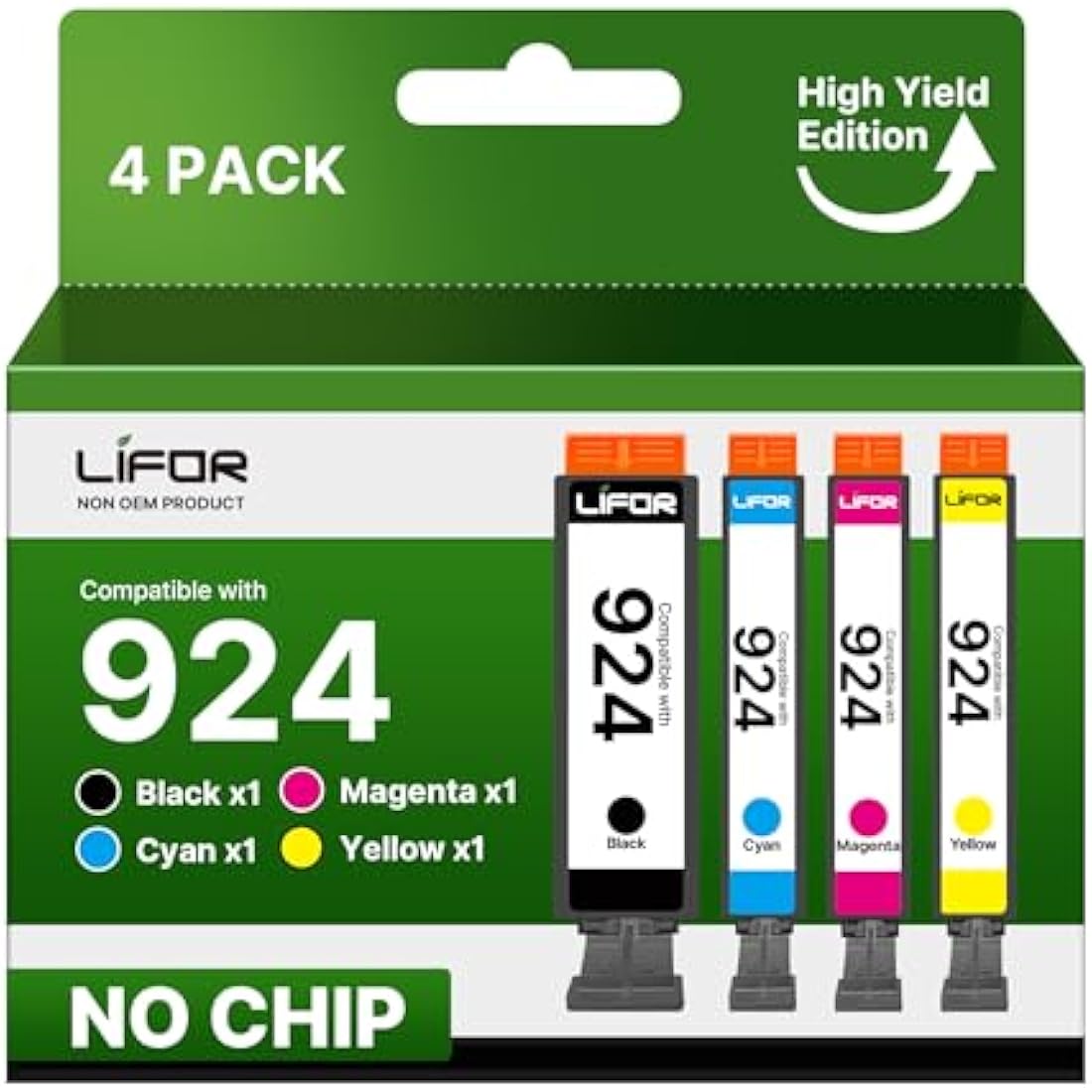 LIFOR 924 Ink Cartridges Replacement for HP 924 for HP OfficeJet Pro 8120e OfficeJet Pro 8122e 8124e 8125e 8132e 8134e 8135e 8130e 8138e 8139e All-in-One(No Chip, B/C/M/Y, 4 Pack)