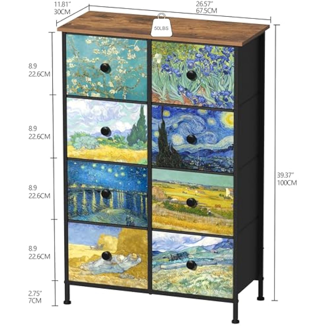 VEDECASA Van Gogh Drawer Dresser for Bedroom Chest of Drawers with Sturdy Steel Frame Wood Top Drawer Storage Organizer for Entryway Living Room Hallway Office (8 Drawers)