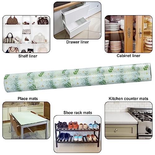 KIMCHOMERSE Shelf Liner Non Adhesive Drawer Liner for Kitchen Cabinets, Refrigerator Liners Waterproof Cupboard Liner for Shelves -Leaf Daisy 60x500cm