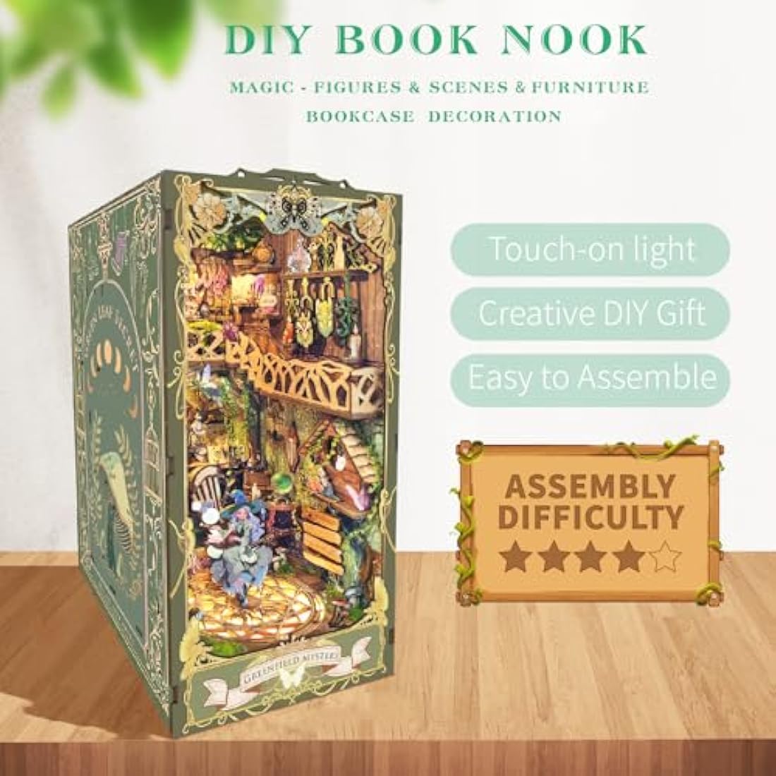 Book Nook Kits for Adults - Spilay Diy Miniature House Kit with LED 3D Wooden Puzzle Bookend, Handmade Crafts, Birthday, Christmas and Valentines Day Gifts -Creativity Kit (Green Wonderland) SQ15