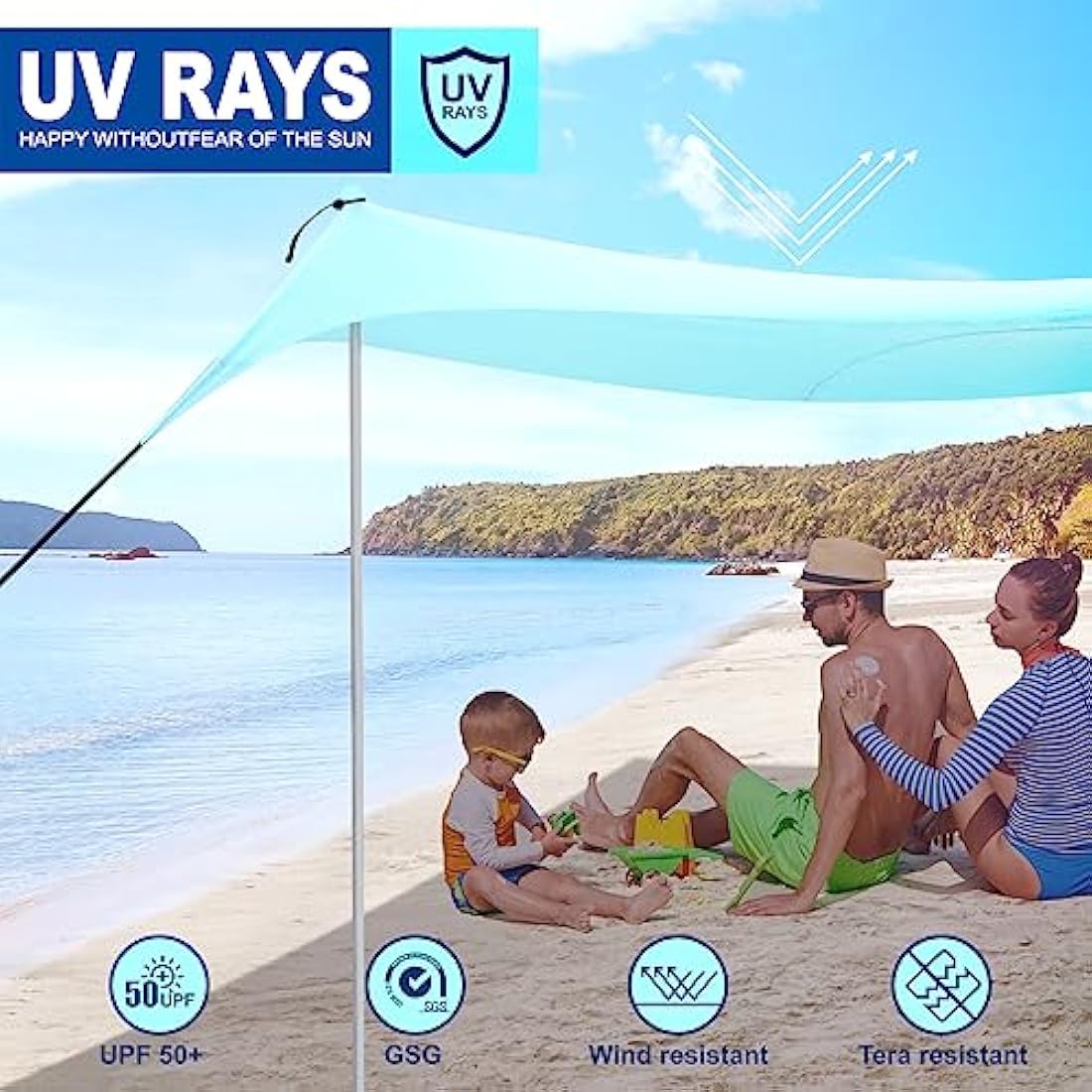 Beach Tent For UV Protection UPF50+, Portable Beach Awning Family Sun Protection With 4 Poles 3mx3m, Sun Tent for Beach Camping Garden Terrace Balcony