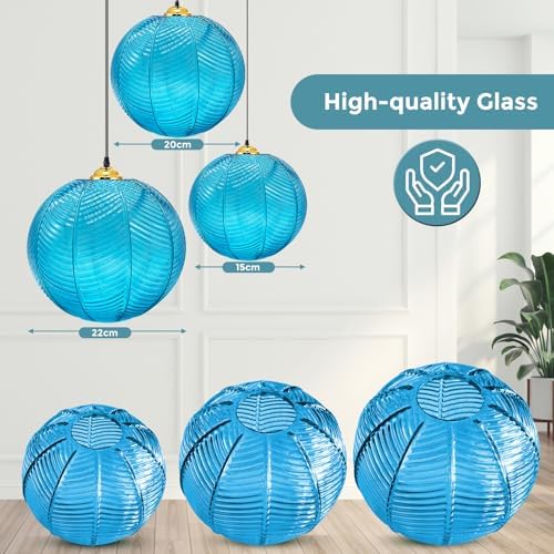 GCQ 3 in 1 Large Glass Pendant Light Fixtures, Blue E26 E27 GlassChandelier Mid Century Modern Chandelier Ribbed Blown Glass Globe Shade Hanging Light Ceiling for Living Room Restaurant Bar
