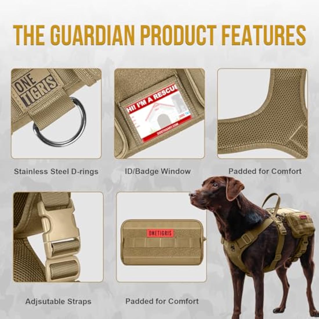 OneTigris Service Dog Vest Harness, Service Dog Cape Guardian Dog Molle Backpack with Pouches for Medium and Large Dogs (Brwon, L)