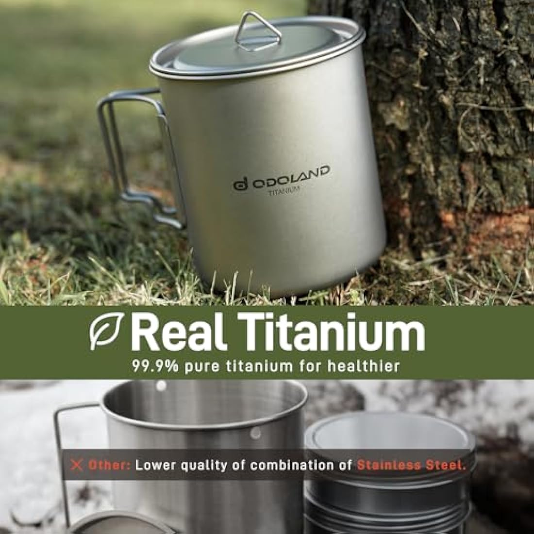 Odoland 750ML Titanium Mug, Camping Coffee Cup with Lid and Spork, Foldable Handle for Camping, Hiking, Traveling and Backpacking
