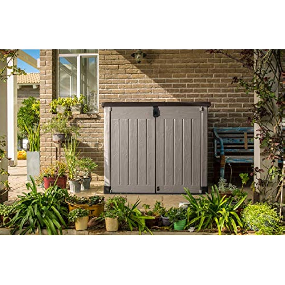 Keter Store It Out Pro Outdoor Garden Furniture Storage Shed Beige with Brown Lid Fade Free All Weather Resistant Safe and Secure Zero Maintenance 5 year Warranty