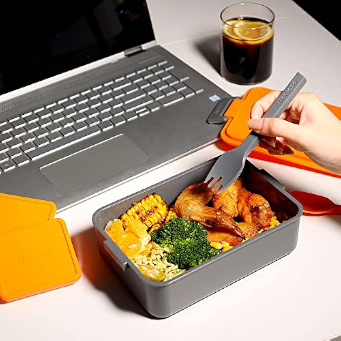 linoroso Bento Lunch Box for Adults with 3 Compartments Lunchbox with Sauce Container and Utensils, Bento Boxes for Microwave and Dishwasher Plastic BPA-Free As Sandwich Snack Salad Box - Lava Orange