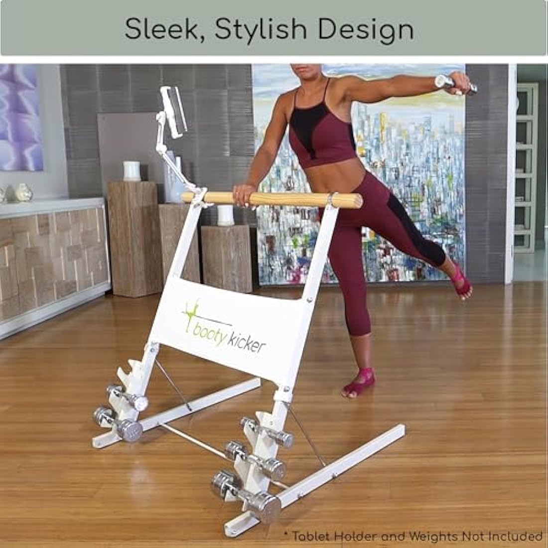 Booty Kicker – Home Fitness Exercise Barre, Folds Flat, Portable, Storable, Strong Angular Design for Pushing, Pulling, Balance & Ballet Exercises, wood, steel, nickle, Perfect for Barre Workouts