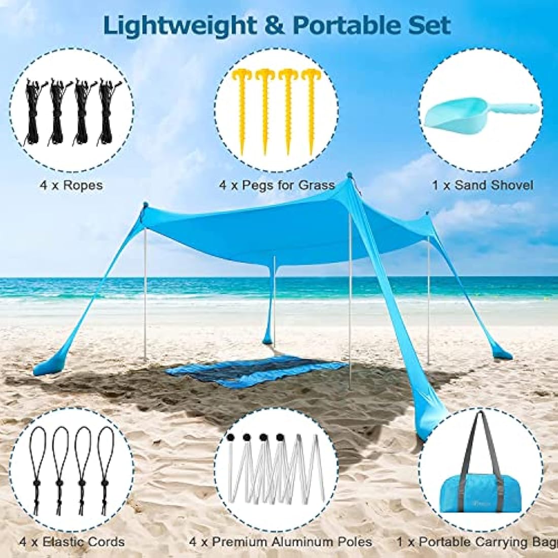 COMMOUDS Beach Tent Sun Shelter, UPF50+ Beach Shelter Canopy 2.1m x 2.1m, Portable Beach Umbrella Sun Shade with 4 Aluminum Poles, Easy Set Up Family Shelter for Beach, Camping, Fishing, Outdoors