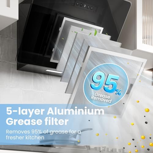 COMFEE' 60cm Angled Cooker Hood ANGJ64B-60 Tempered Glass Extractor Hood with Touch Screen, LED and Recirculating & Ducting System Wall Mounted Extractor Fan kitchen 600mm - Black