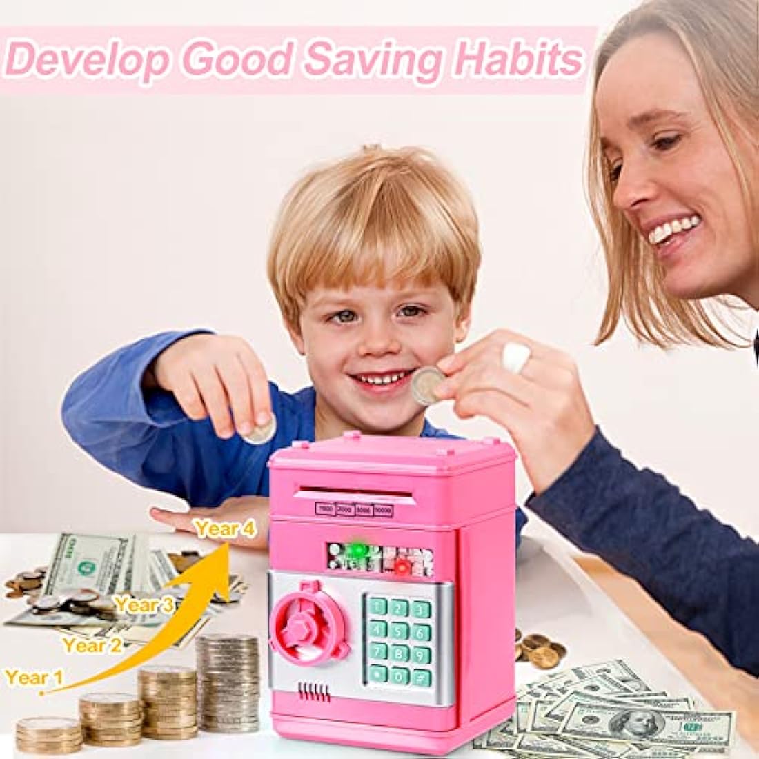 Thedttoy ATM Money Box for Kids Age 3-12, Electronic Money Bank Safe Piggy Bank for Girls Boys, Password Money Safe Savings Money Box for Girls Kids, Best Gift For Birthday Children's Day (Pink)