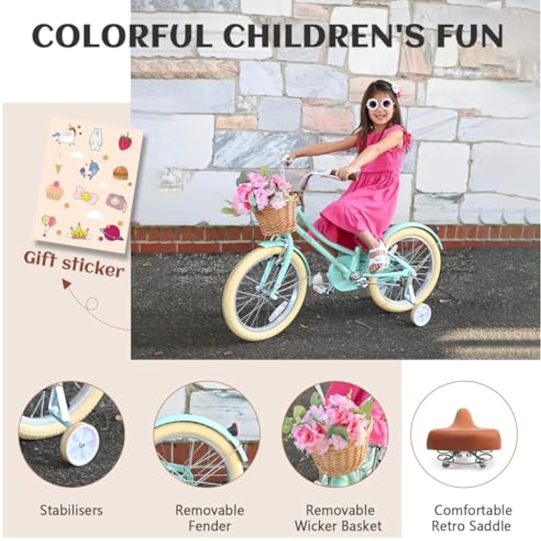 Glerc Little Molly 12 Inch Kids Retro Girls Bike for 2-13 Year Old with Wicker Basket & Stabilisers/Kickstand, Multiple Colors