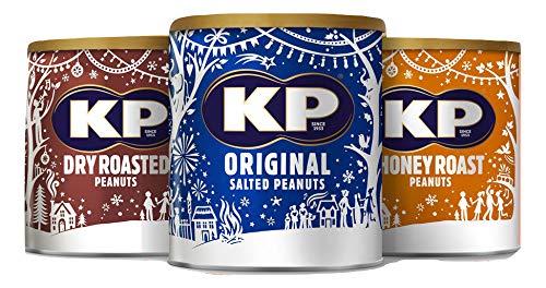 KP Nuts Christmas 3 Tin Peanut Set Original Salted, Dry Roasted and Honey Roast Peanuts Party Nibbles Favourites Stocking Filler 3 x 375g