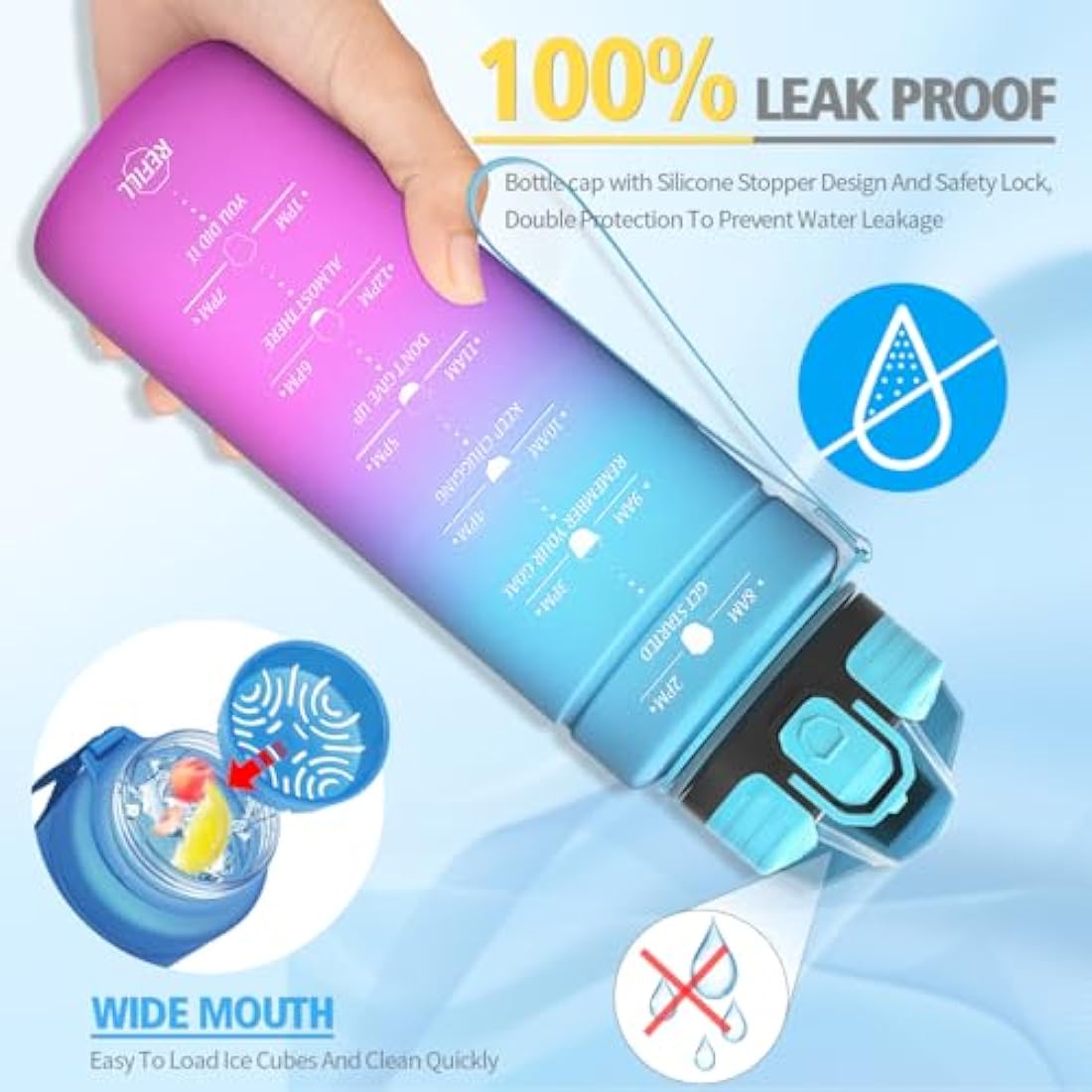 Niggeey 500ml & 700ml & 1000ml Motivational Water Bottle with Time Marker, Sports Water Bottles, Leak Proof BPA Free Tritan Drink Bottle for Kids, Men, Women, Running, Cycling, School, Gym and Sport