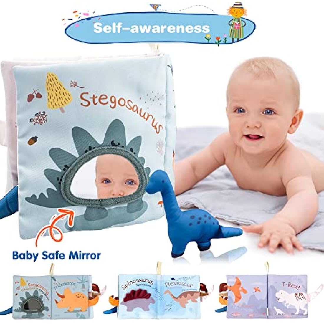 Richgv Soft Baby Books Toys 0-6-12 Months, Sensory Toy for Babies with Mirror, Crinkle Paper, Maze & Little Dinosaur, Early Development Travel Toy, Stroller Hanging Toy, Newborn Baby Toy Gift