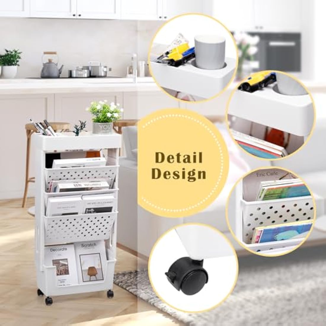 DOEWORKS Mobile Bookshelf with Wheels Bookshelf Trolley Small, Book Storage Trolley Cart 5-Tier Rolling Bookcase, Movable Bookshelf trolley Slim Bookcase for Living Room Bedroom Office Library, White