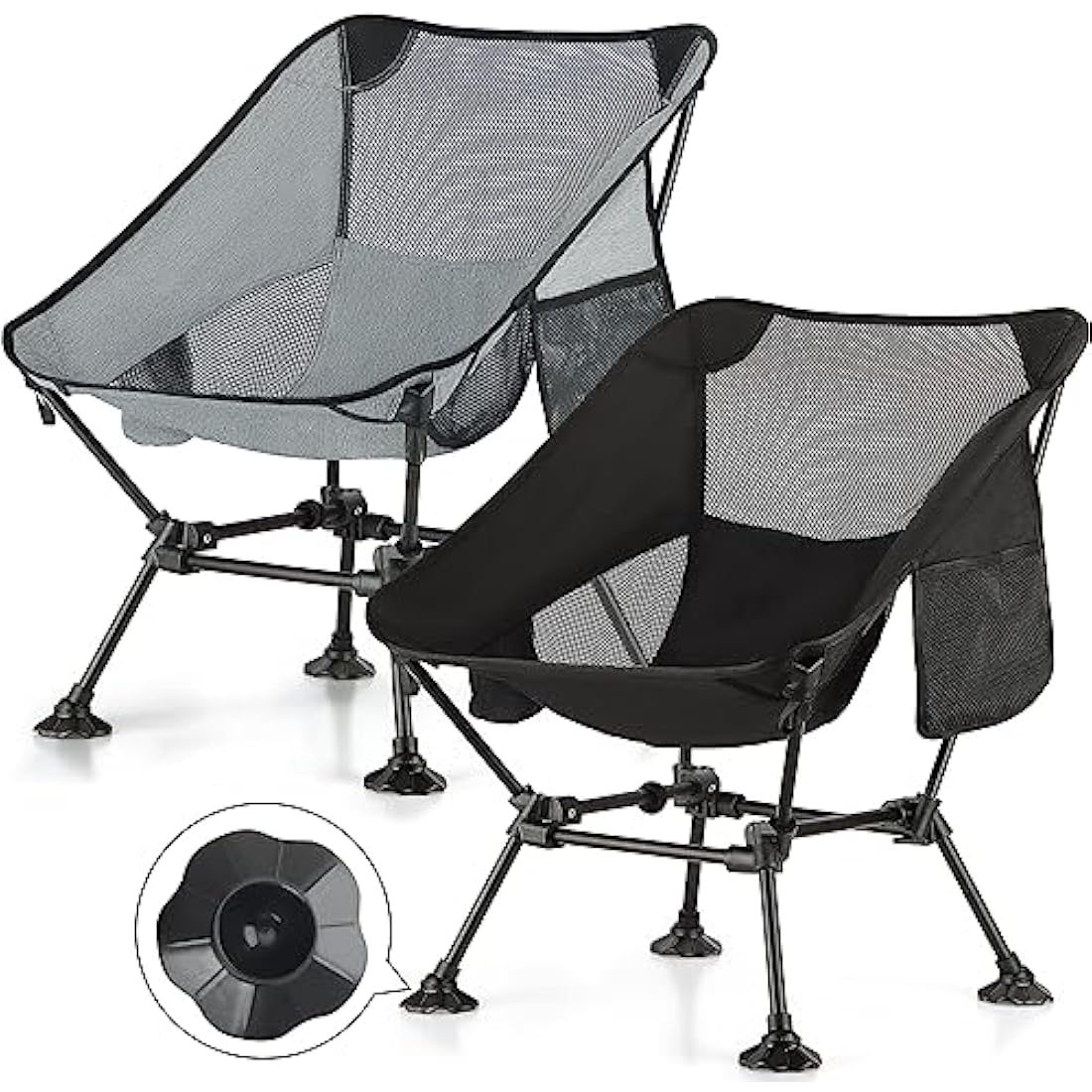 TEIVUL Camping Chairs Set - Lightweight Folding Chairs with Pocket and Cup Holder for Travel, Picnic, Hiking, Fishing - Black & Grey