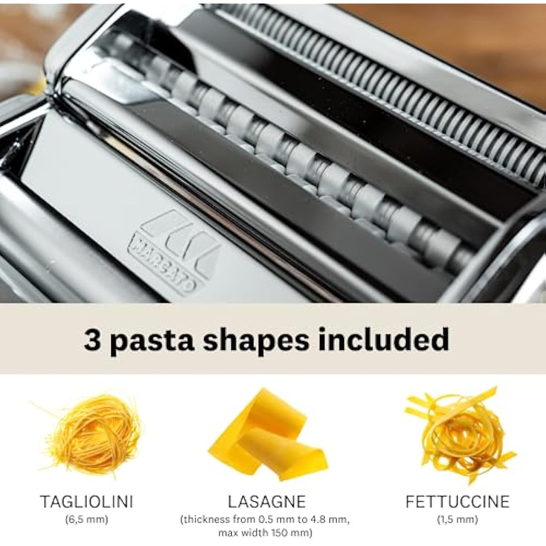 Marcato Pasta Machine, Pasta Maker, Pasta Roller for Handmade Fresh Pasta, Made in Italy, Chromed Steel, for Lasagna, Fettuccine, Tagliolini, Compatible with 12 Extra Pasta Shapes. Model: Atlas 150