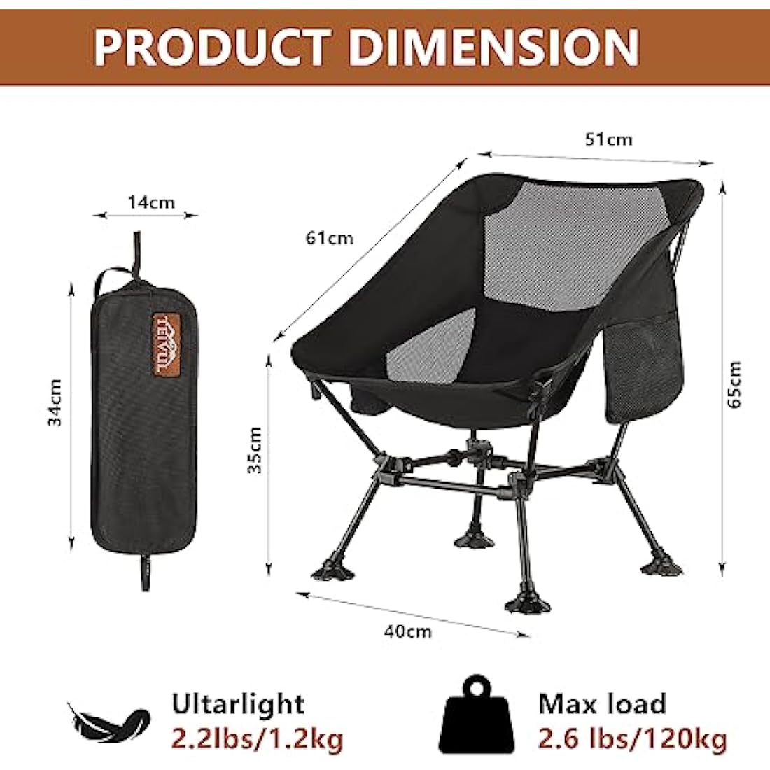TEIVUL Camping Chairs Set - Lightweight Folding Chairs with Pocket and Cup Holder for Travel, Picnic, Hiking, Fishing - Black & Grey