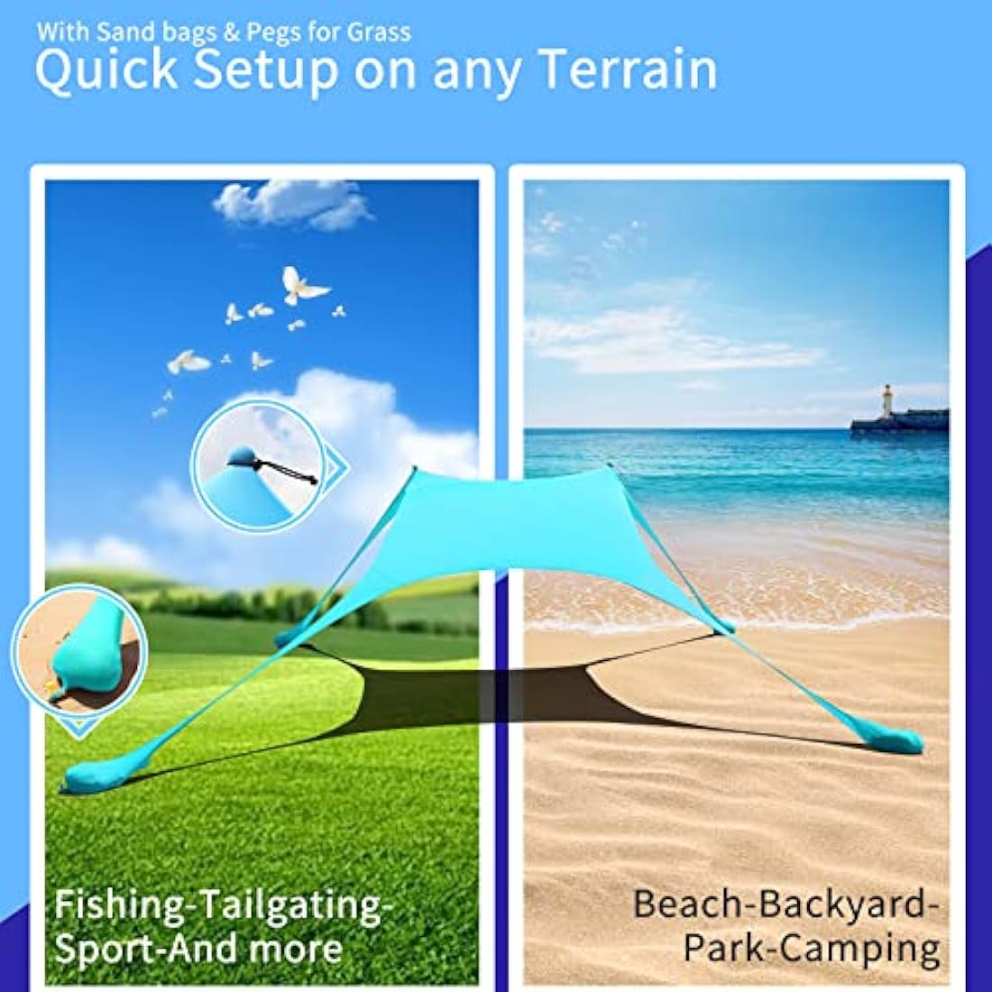 CUUPO 7×7 FT Beach Tent Sun Shelter UPF50+ UV Protection, Outdoor Small Canopy Tent Sun Shade with 2 Poles for Camping, Beach, Fishing, Backyard and Picnics Blue
