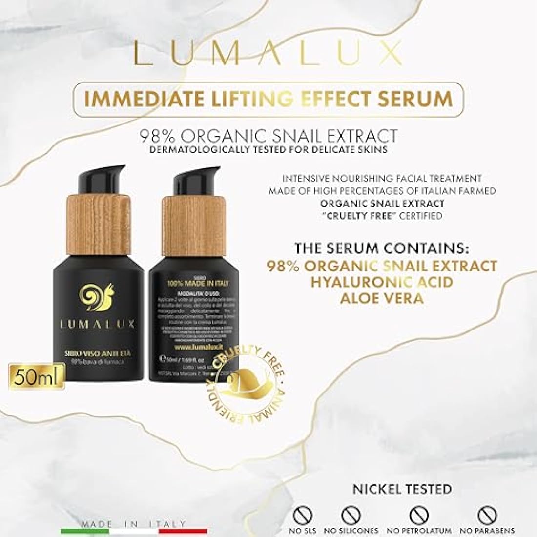 Lumalux Combo Pack 98% snail mucin serum 50ml & 75% organic snail cream 50ml with hyaluronic acid, aloe vera, vitamin E, turmeric, goji, shea butter for Women - 100% Natural Cosmetics