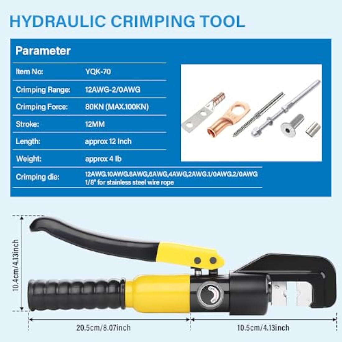 TEENO Hydraulic Crimping Tool with 9 Hex Dies,Range 12 AWG-2/0 AWG,12mm Stroke 10T,4-70mm²,for Cable Lugs Hydraulic Crimping Crimper Wire Terminal Lug Tool
