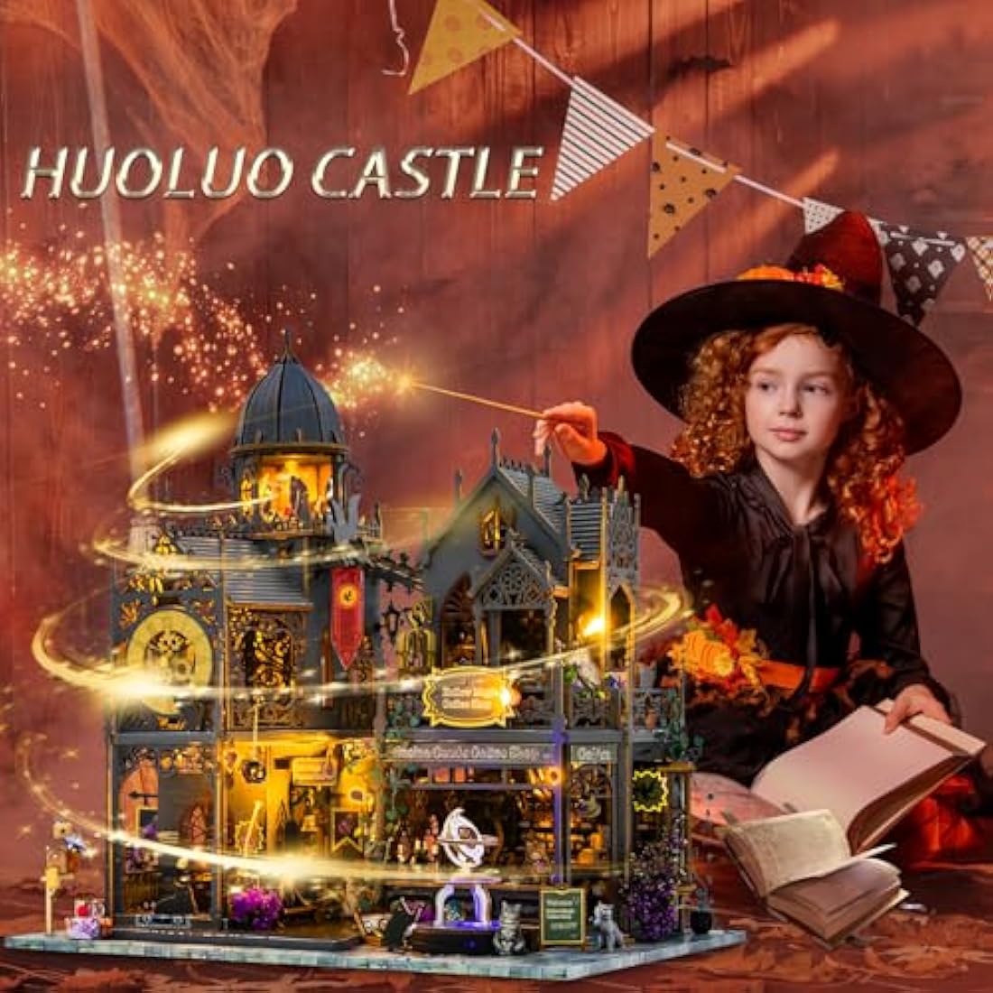 Mostop DIY Miniature Dollhouse Kit, Wooden Dollhouse Kit Miniature House Kit with LED Light,Creative Room Idea for Kids/Adults Magic House DIY Kits (Huoluo Castle)